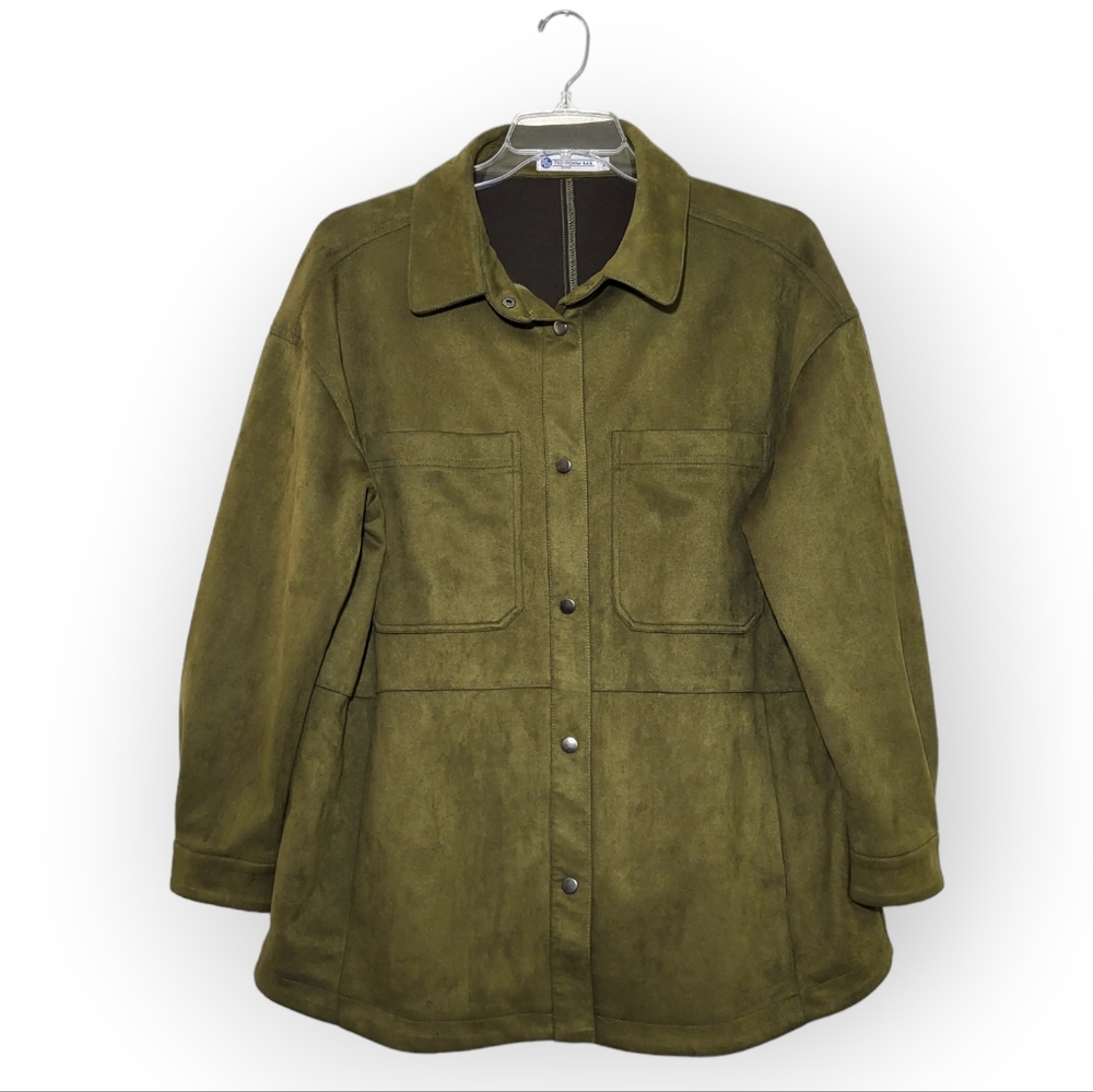 The Denim Bar Faux Suede Shacket Oversized Button-down Shirt Green Large
